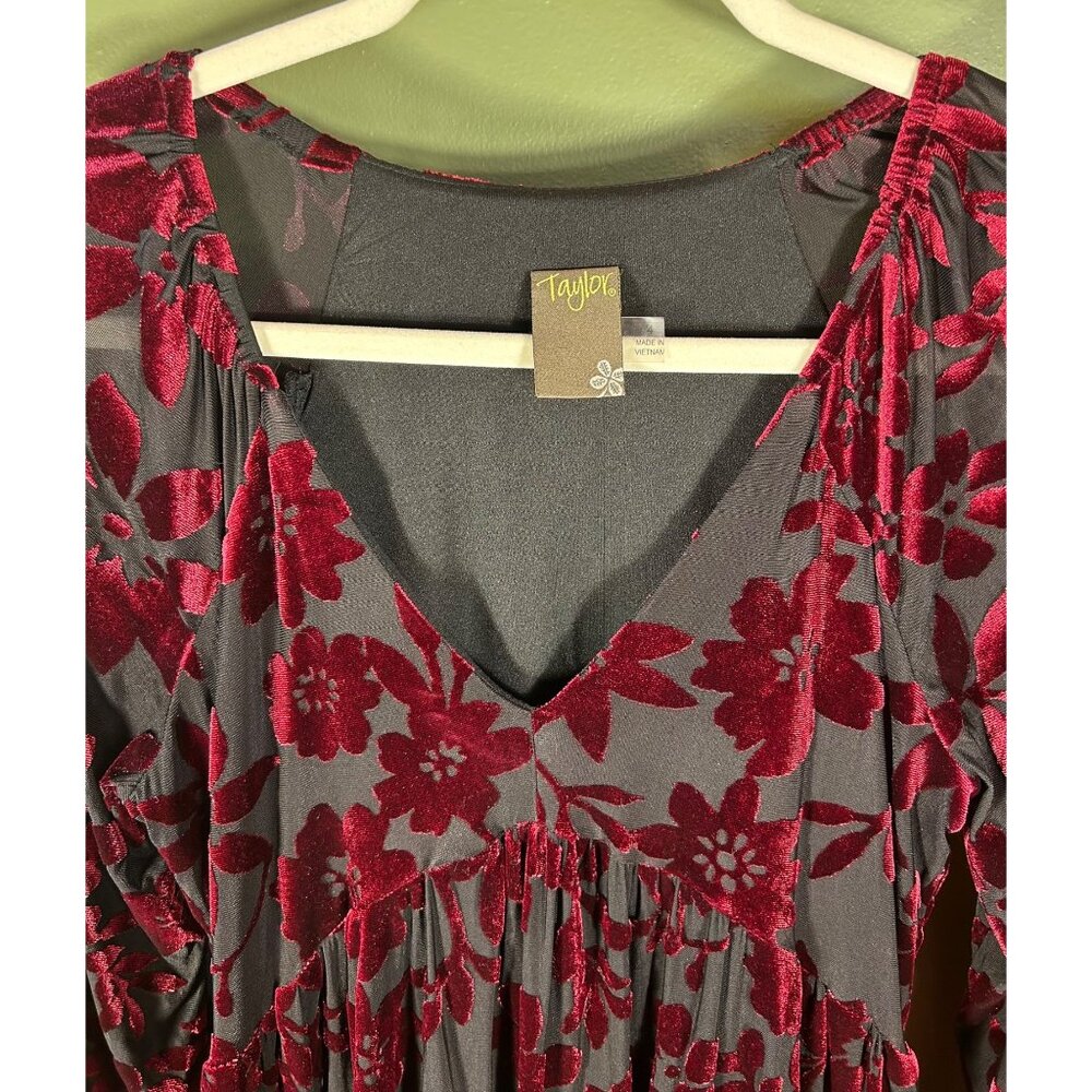 Taylor Sz 4 Floral Burnout Velvet Dress Tiered Black & Burgundy Oversized Goth - Picture 9 of 12